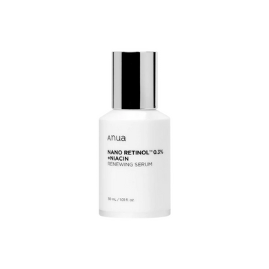 ANUA Nano Retinol 0.3% + Niacin Renewing Serum is a powerful anti-aging treatment that combines Niacinamide (5%) and Retinol (0.3%) to target wrinkles, fine lines, and dark spots. The serum also contains a blend of botanical extracts like Centella Asiatica and Camellia Sinensis to soothe and nourish the skin, while Ceramides and Hyaluronic Acid provide deep hydration and support the skin barrier. This serum is designed to improve skin texture, tone, and overall radiance, making it an essential part of your 