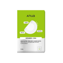 Load image into Gallery viewer, ANUA Ultra-Thin Spot Cover Patch is a discreet and effective solution for targeting individual blemishes. Made with an ultra-thin hydrocolloid material, it adheres seamlessly to the skin, protecting spots from external impurities while accelerating healing. Infused with Aloe Vera Extract, Centella Asiatica Extract, Ceramide NP, and Cholesterol, it soothes irritation, maintains hydration, and supports skin barrier recovery. Ideal for all skin types, these patches are nearly invisible and can be worn comforta