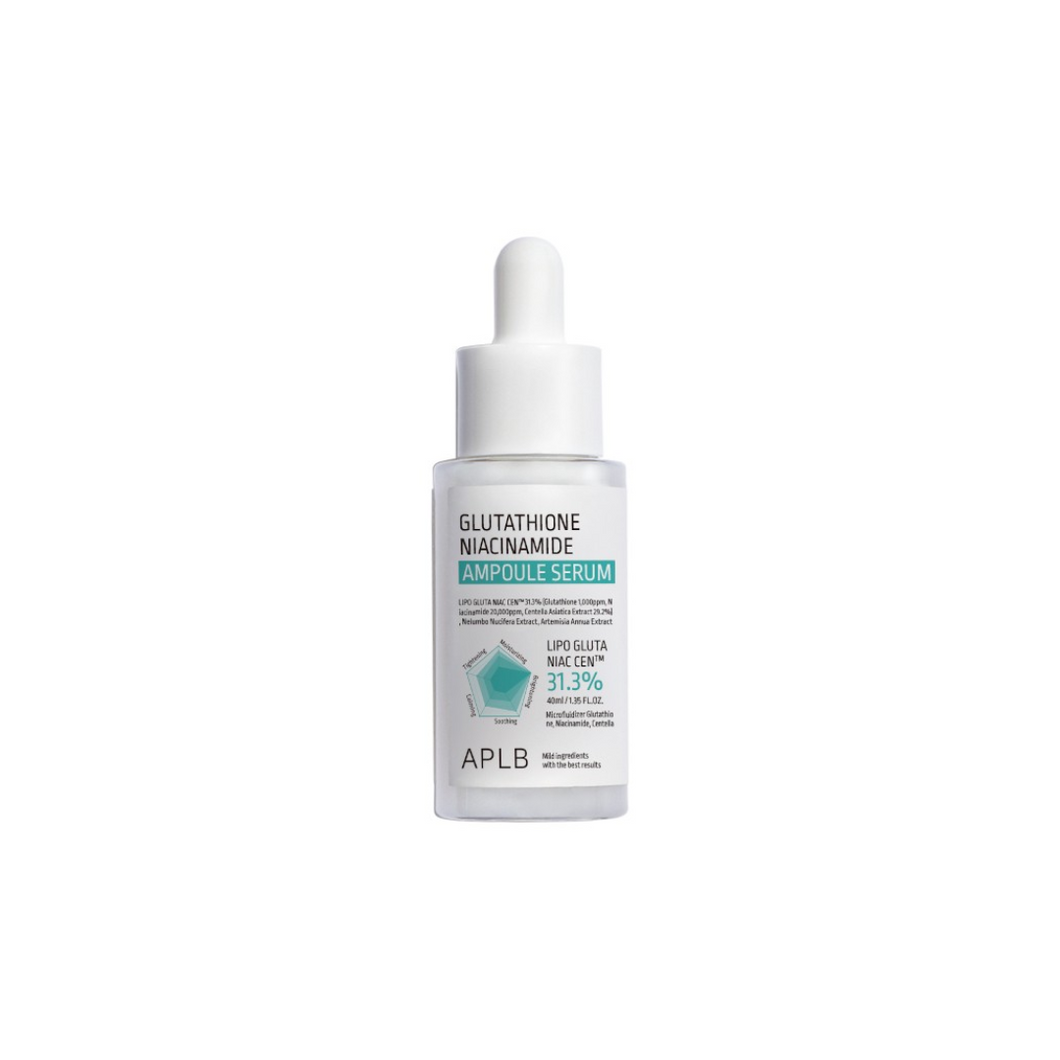 APLB Glutathione Niacinamide Ampoule Serum is a highly effective brightening and hydrating serum, formulated with 2% Niacinamide and Glutathione to visibly reduce dark spots and even out skin tone for a radiant complexion. With 29.2% Centella Asiatica Extract, it soothes and calms the skin, while Hydrolyzed Collagen, Squalane, and Cholesterol work to improve elasticity and reinforce the skin barrier. This serum deeply moisturizes, leaving your skin smooth, plump, and revitalized. Ideal for all skin types, i