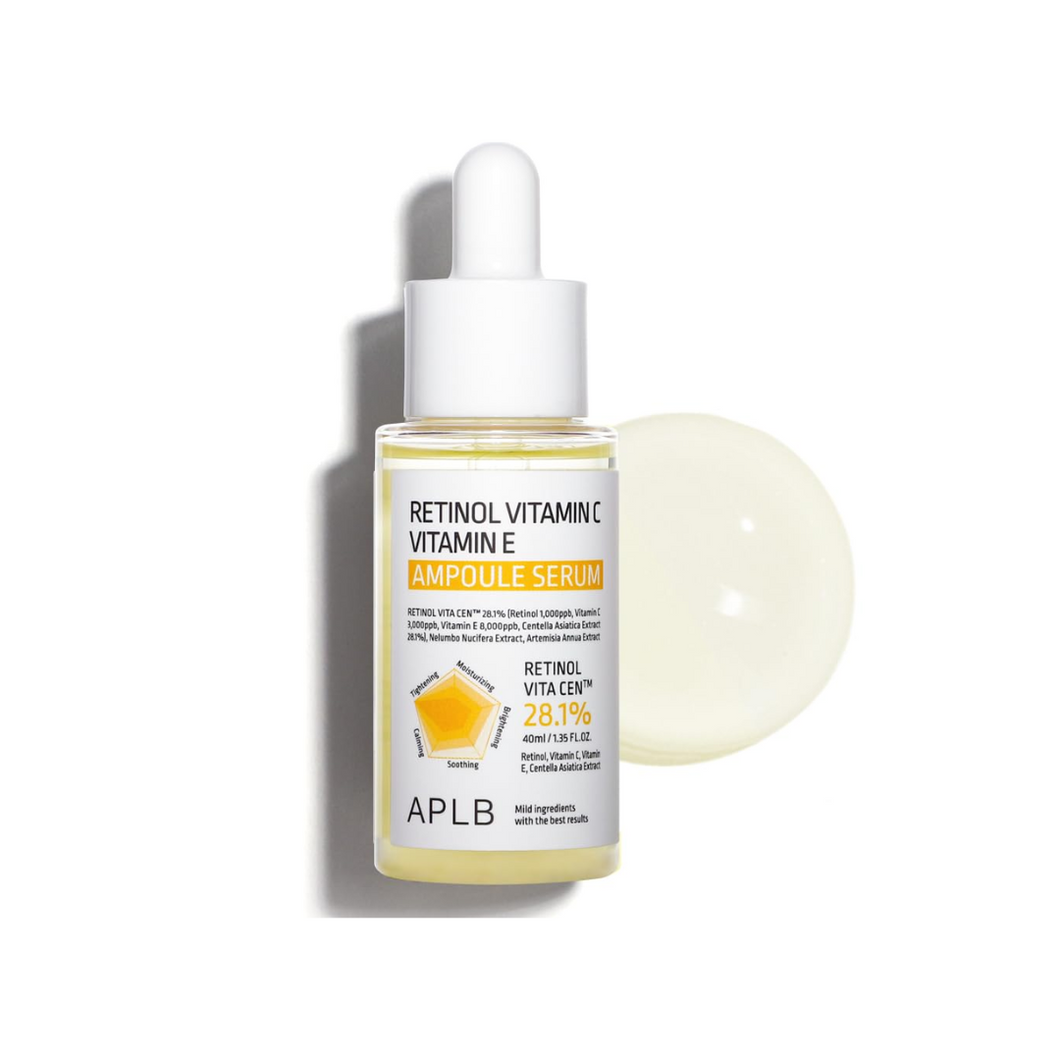 APLB Retinol Vitamin C Vitamin E Ampoule Serum is a multi-benefit serum designed to brighten, firm, and rejuvenate your skin. Infused with Centella Asiatica Extract (28.1%), Retinol, Vitamin C (Ascorbic Acid), and Vitamin E, this powerhouse formula targets signs of aging, evens out skin tone, and boosts collagen production. Enriched with Squalane, Hydrolyzed Collagen, and Beta-Glucan, it deeply hydrates and soothes the skin while improving its resilience. Perfect for those seeking a radiant, youthful glow. 