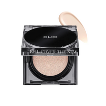 Load image into Gallery viewer, CLIO Kill Cover The New Founwear Cushion is a high-performance cushion foundation that delivers flawless, long-lasting coverage. Infused with Niacinamide and Adenosine, it helps brighten the skin and improve elasticity while providing SPF protection. With its lightweight yet buildable formula, it smooths and evens out skin tone, leaving a natural, radiant finish. Perfect for achieving a seamless complexion with minimal effort, it’s an essential for on-the-go touch-ups.