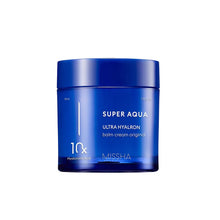 Load image into Gallery viewer, MISSHA Super Aqua Ultra Hyalron Balm Cream Original is a deeply hydrating formula designed to restore and strengthen the skin barrier. Infused with a blend of 10 types of Hyaluronic Acid, including Sodium Hyaluronate and Hydrolyzed Hyaluronic Acid, it provides intense moisture to the skin. Enriched with Shea Butter, Ceramide NP, and botanical oils like Macadamia, Olive, and Jojoba, this cream nourishes and locks in hydration for a smoother, plumper complexion. Ideal for those seeking a rich, restorative cre