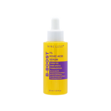 Load image into Gallery viewer, NINELESS B-Boost 1% Kojic Acid Serum is a powerful brightening serum designed to target hyperpigmentation and uneven skin tone. Formulated with 1% Kojic Acid, it effectively lightens dark spots and melasma while inhibiting melanin production. Enhanced with Niacinamide and Tranexamic Acid, this serum not only brightens the skin but also improves its overall texture and appearance. Antioxidants like Vitamin C and Glutathione protect the skin from oxidative stress, and peptides promote collagen synthesis for a