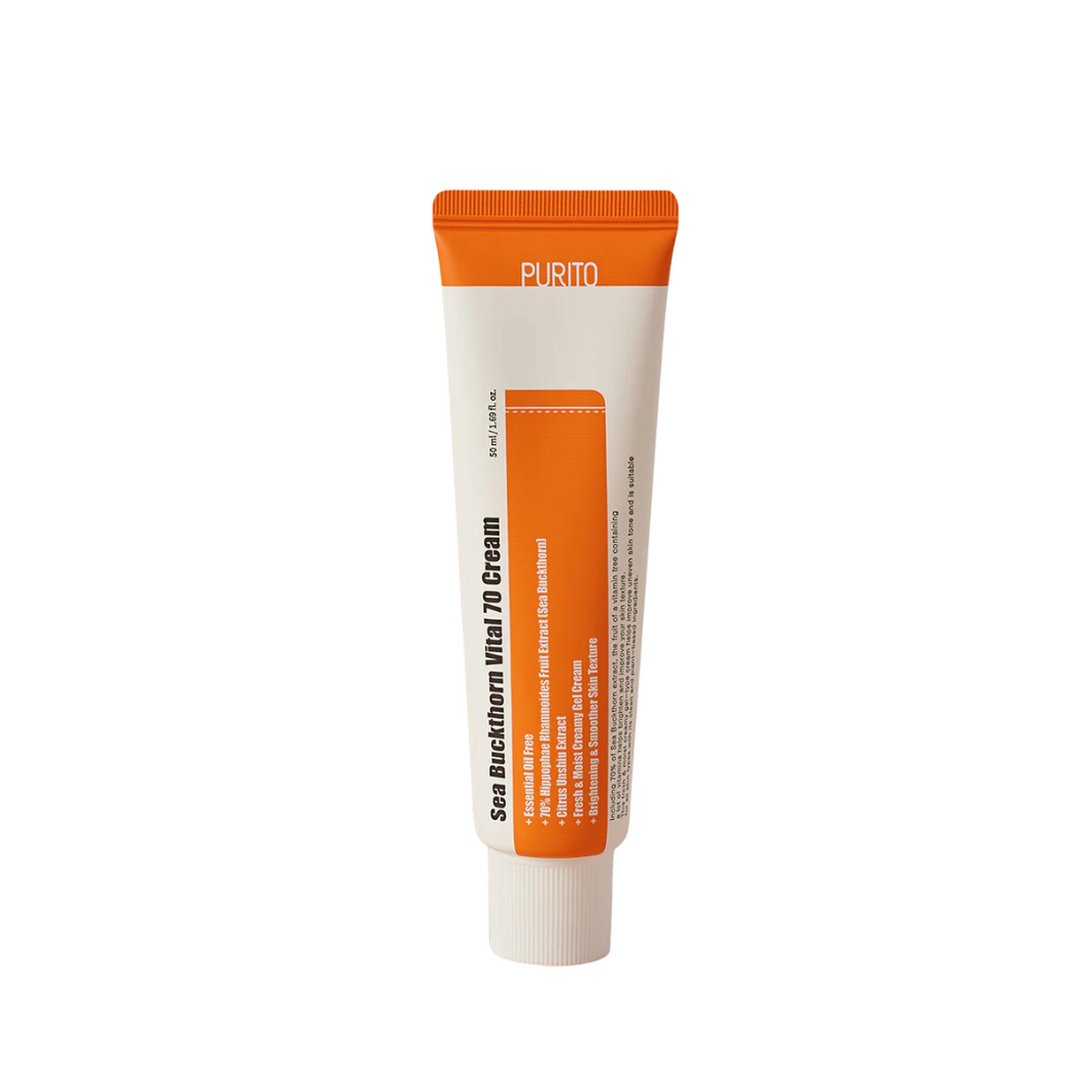 PURITO Sea Buckthorn Vital 70 Cream is a nourishing moisturizer formulated with 70% Sea Buckthorn Fruit Extract to revitalize and brighten the skin. Enriched with Niacinamide and Macadamia Seed Oil, it deeply hydrates, improves skin texture, and helps boost radiance. Infused with Sodium Hyaluronate and Panthenol, this cream provides long-lasting moisture and supports a smooth, healthy complexion. Ideal for all skin types, it leaves the skin feeling soft, refreshed, and glowing.