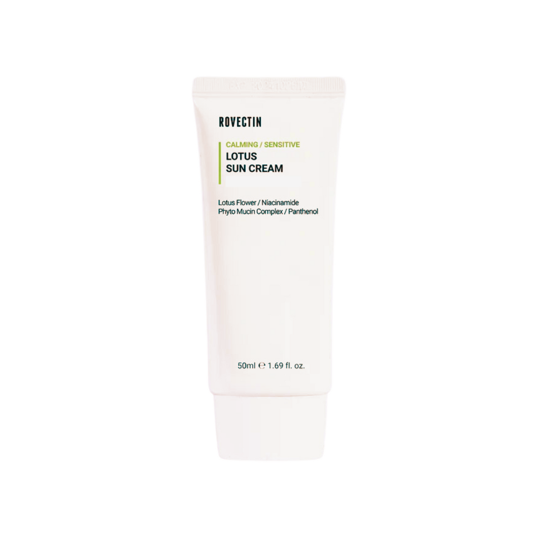 ROVECTIN Calming Lotus Sun Cream hydrates and soothes the skin with a lightweight, non-greasy formula. Infused with Lotus Flower Extract, Niacinamide, and Panthenol, it helps to calm irritation, brighten the skin, and maintain its natural moisture balance. Enriched with botanical extracts like Angelica and Hibiscus, this cream nourishes and refreshes, leaving your skin smooth, radiant, and comfortable for daily wear.