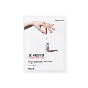 ROVECTIN Dr. Mask Cica Blemish Sheet Mask is specially formulated to calm and heal blemish-prone skin. It features Centella Asiatica Extract and Madecassoside to reduce inflammation and promote skin recovery. Calamine and Lavender Extract soothe irritation and diminish redness, while Sodium Hyaluronate and Trehalose provide deep hydration. With natural purifying extracts like Grapefruit and Eucalyptus, this mask leaves skin refreshed and clearer, making it ideal for improving skin health and soothing blemis