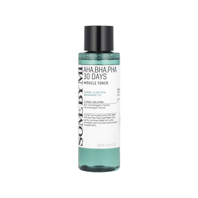 SOME BY MI AHA-BHA-PHA 30Days Miracle Toner is a multi-tasking toner formulated to exfoliate, brighten, and soothe the skin. Enriched with 10,000 ppm Tea Tree Leaf Water and 2% Niacinamide, it helps control excess oil, reduce the appearance of pores, and improve uneven skin tone. AHA, BHA, and PHA gently exfoliate dead skin cells, promoting a smoother, clearer complexion, while soothing ingredients like Allantoin and Sodium Hyaluronate hydrate and calm the skin. Ideal for oily, combination, and acne-prone s