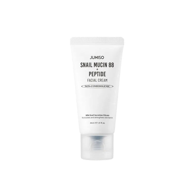 JUMISO Snail Mucin 88 + Multi-Peptide Facial Cream is a nourishing and hydrating moisturizer formulated with 88% Snail Secretion Filtrate to help repair and rejuvenate the skin. Enriched with Niacinamide for brightening and a blend of Multi-Peptides including Copper Tripeptide-1 and Palmitoyl Pentapeptide-4, this cream enhances skin elasticity and smooths fine lines. It also contains Sodium Hyaluronate and Panthenol to lock in moisture, leaving your skin soft, supple, and radiant. Perfect for those seeking 