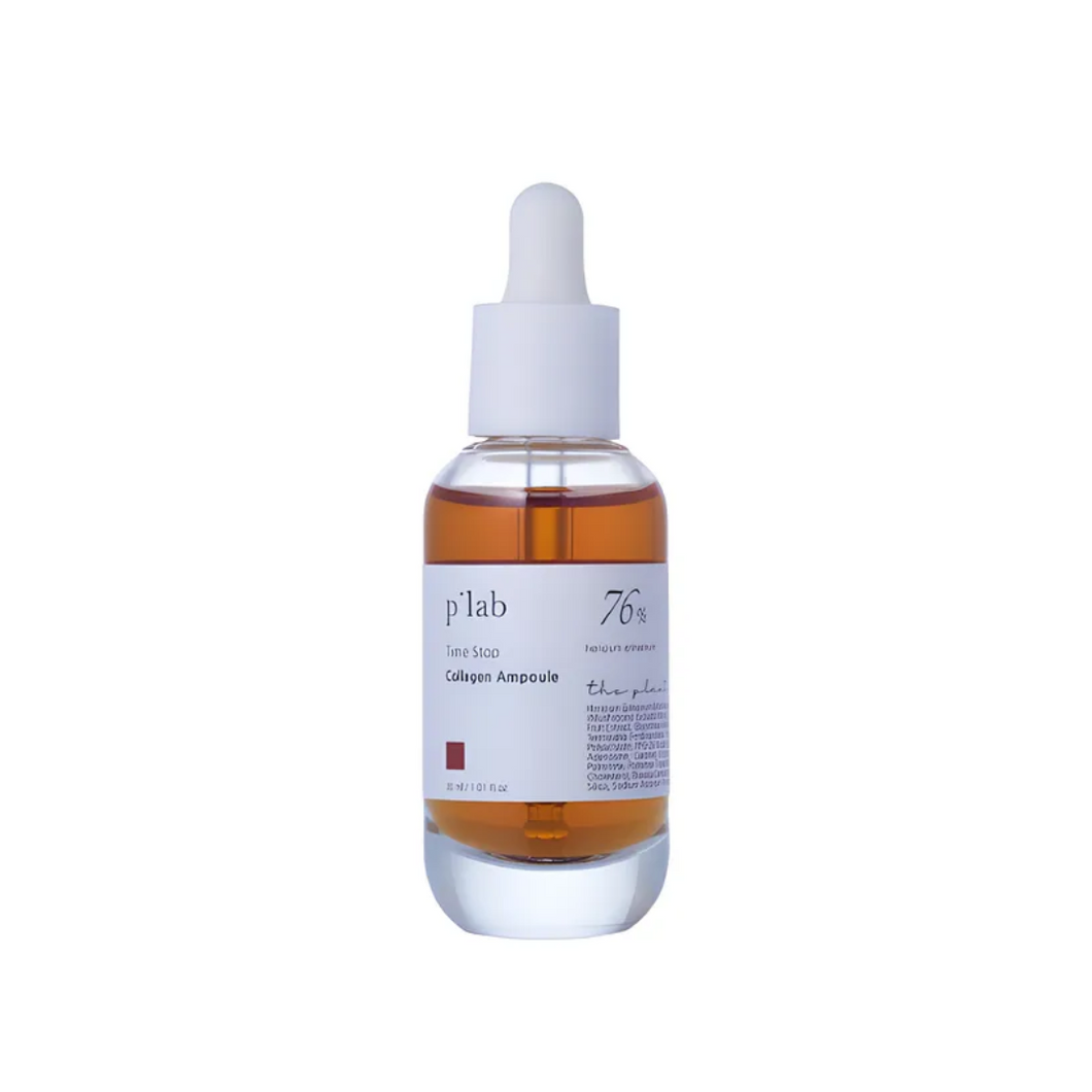 THE PLANT BASE Time Stop Collagen Ampoule is a rejuvenating formula enriched with 76% Hericium Erinaceum (Mushroom) Extract, known for its anti-aging and skin-firming properties. This potent ampoule also features Tremella Fuciformis Extract, a natural moisture-locking agent, and Centella Asiatica Extract to soothe and repair the skin. Infused with Palmitoyl Tripeptide-5 and Retinyl Palmitate, it boosts collagen production, improving elasticity and reducing fine lines. Hydrating ingredients like Sodium Hyalu