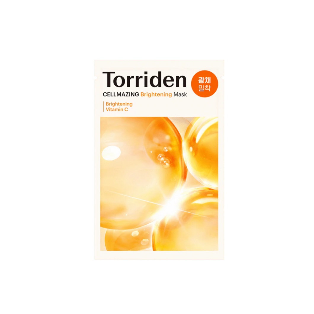 TORRIDEN Cellmazing Vita C Brightening Sheet Mask delivers a radiant boost with 500ppm of stabilized Vitamin C (3-O-Ethyl Ascorbic Acid) and Niacinamide to enhance skin clarity and glow. Infused with a blend of antioxidants, including Tocopherol and Glutathione, and hydrating Hyaluronic Acids, this mask deeply moisturizes and revitalizes the skin. Ceramides and Panthenol work to strengthen and calm, leaving your complexion looking refreshed, brightened, and smooth. Perfect for an instant pick-me-up and dail